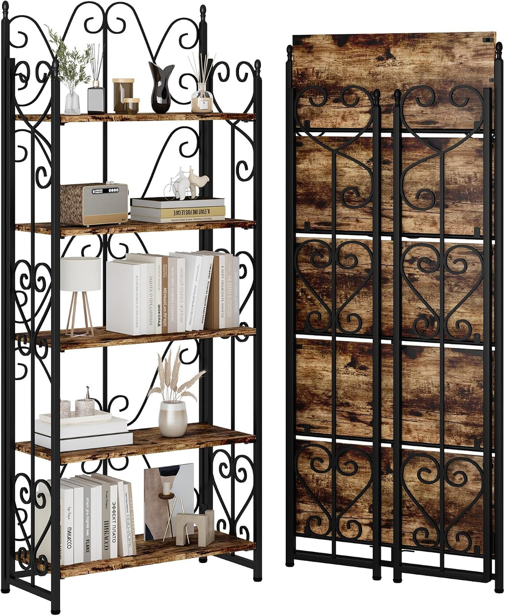 JSB 5 Tier Folding Bookshelf,Industrial Storage Shelves, No Assembly Vintage ...