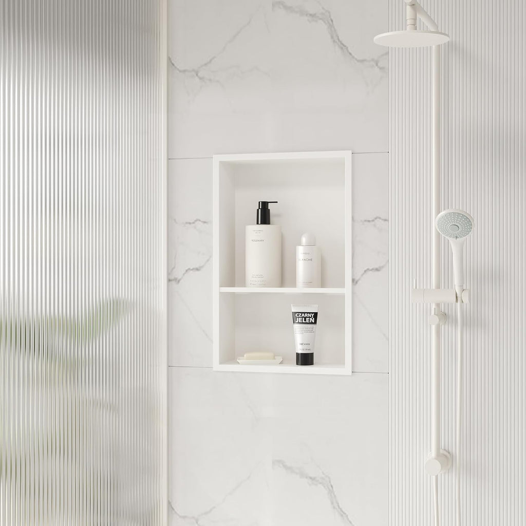 Stainless Steel Shower Niche 18" X 12", No Tile Needed Wall Niche Double Shelves, Recessed Shower Shelf for Bathroom Storage, Matte White