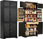 Virubi 78" Farmhouse Tall Kitchen Pantry Cabinet, Wood Storage Cabinets with Hidden Drawer and 4 Adjustable Shelves, Cupboard with Wine Rack and Door Shelves for Kitchen Dining Room, Black