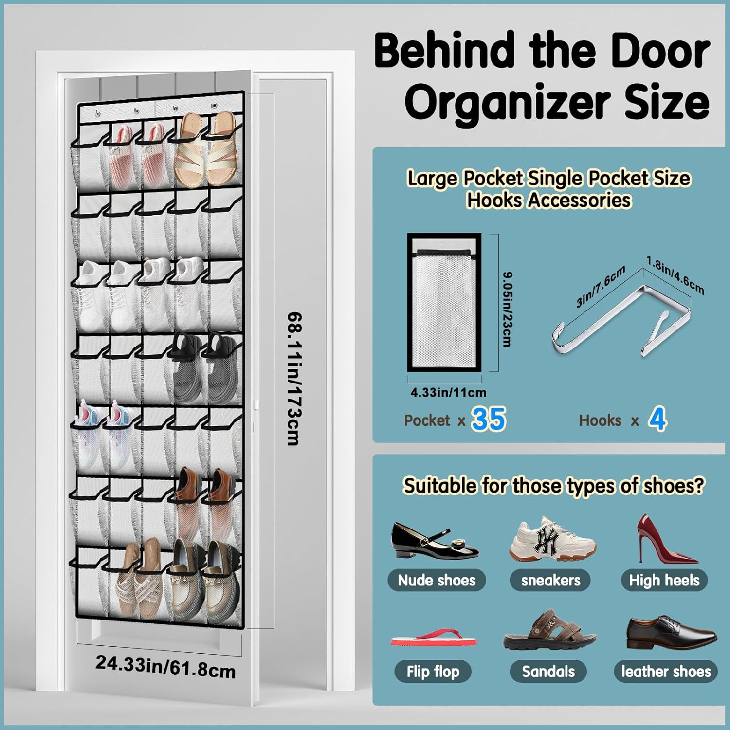 35 Compartment Over The Door Storage - Breathable Mesh Hanging Organizer with Large Pockets, Space Saving Design for Men & Women's Footwear, Closet, Bedroom （White）