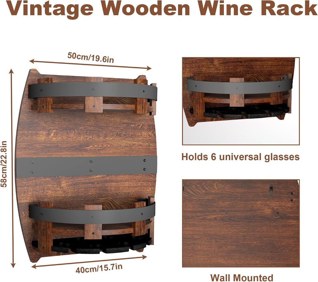 Whiskey Barrel Shelf Wall Mounted, Vintage Wine Rack With Glass Holder | Wooden Handmade Bourbon Shelf, Bar Liquor Bottle Holder, Gift For Wine Lover, Drinks Cabinet Rack for Whiskey, Beer