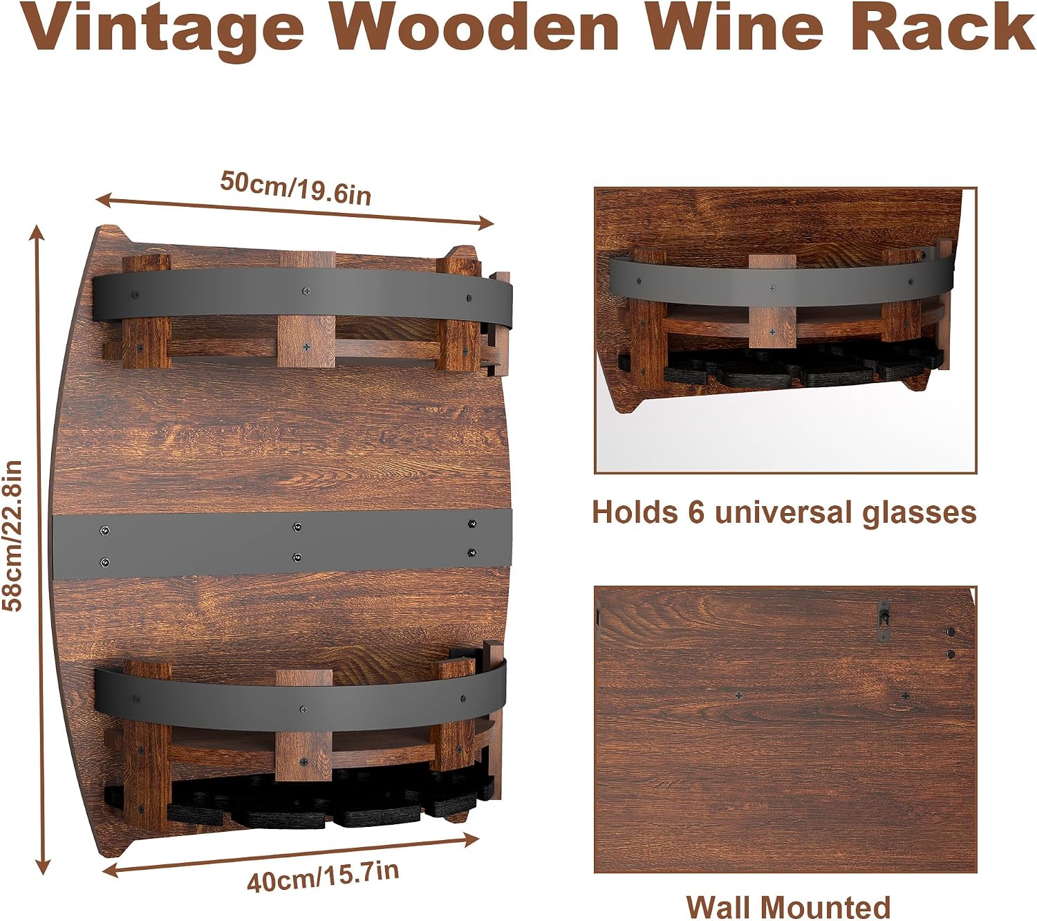 Whiskey Barrel Shelf Wall Mounted, Vintage Wine Rack With Glass Holder | Wooden Handmade Bourbon Shelf, Bar Liquor Bottle Holder, Gift For Wine Lover, Drinks Cabinet Rack for Whiskey, Beer