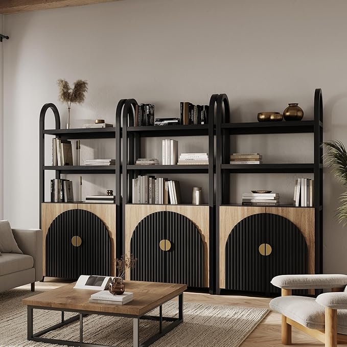 BELLEZE Book Shelf 72" Tall Arched Bookcase with Storage, 5 Tier Mid Century Modern Fluted Bookshelf with Doors, Modular Bookshelves for Living Room Office Library, Set of 3 (Camel)