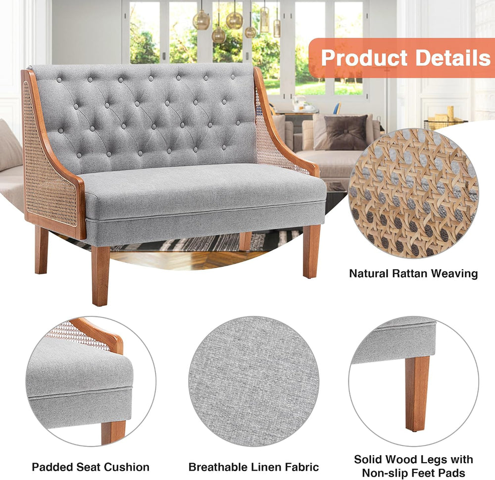 Upholstered Settee Bench Small Loveseat Sofa Rattan Dining Bench with Back Ba...