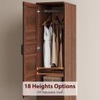 Heavy Duty Wooden Armoire Wardrobe Closet – 2 Doors, 72" Tall, Hanging Rod, 18 Adjustable Shelves, Narrow Bedroom Storage Organizer – Walnut Finish, Brown