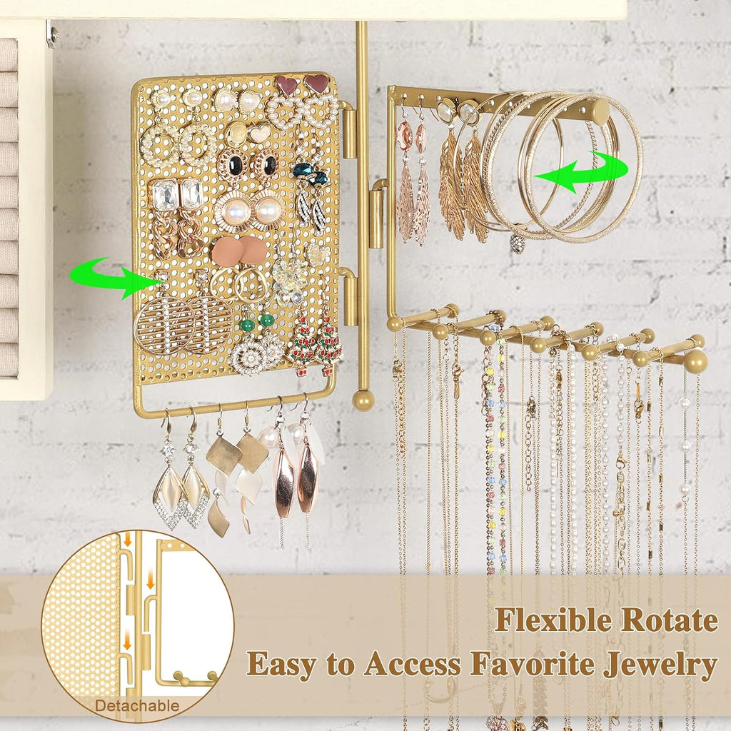 Hanging Jewelry Organizer Wall Mounted with Necklace Earring Ring Holder | Wall Jewelry Holder with Rustic Wood Shelf, Rotating Necklace Storage Organizer, Versatile Earring Holder, Ring Display Box