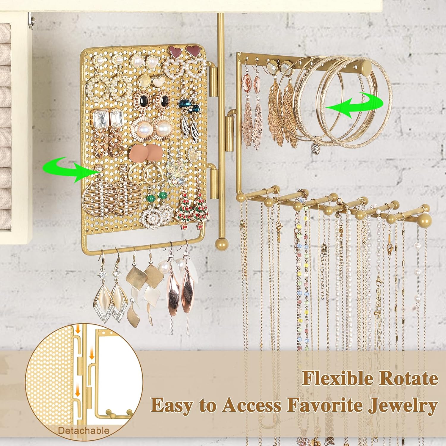 Hanging Jewelry Organizer Wall Mounted with Necklace Earring Ring Holder | Wall Jewelry Holder with Rustic Wood Shelf, Rotating Necklace Storage Organizer, Versatile Earring Holder, Ring Display Box