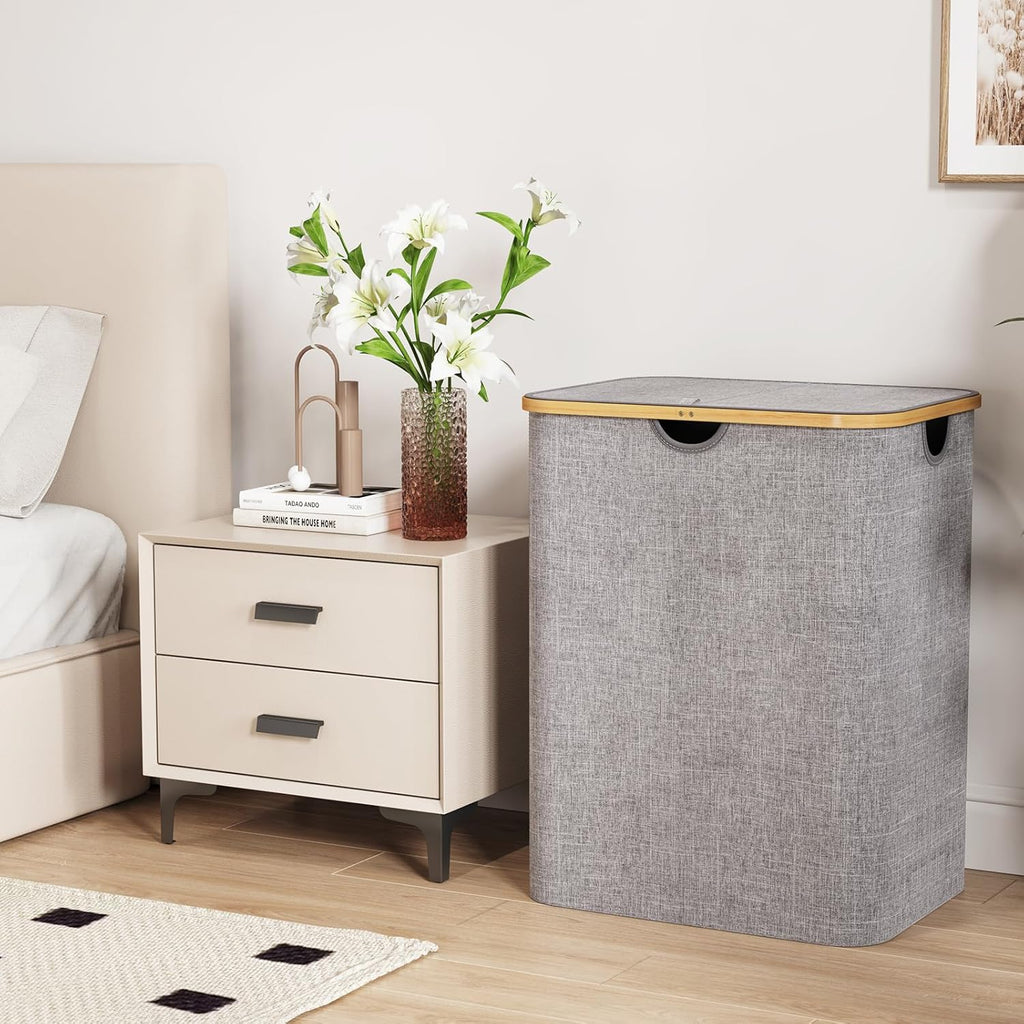 Lifewit 120L Large Laundry Hamper with Lid, Foldable 2 Section Laundry Basket with Bamboo Handles and Removable Bags for Laundry Room, Bathroom, Bedroom, Light Gray