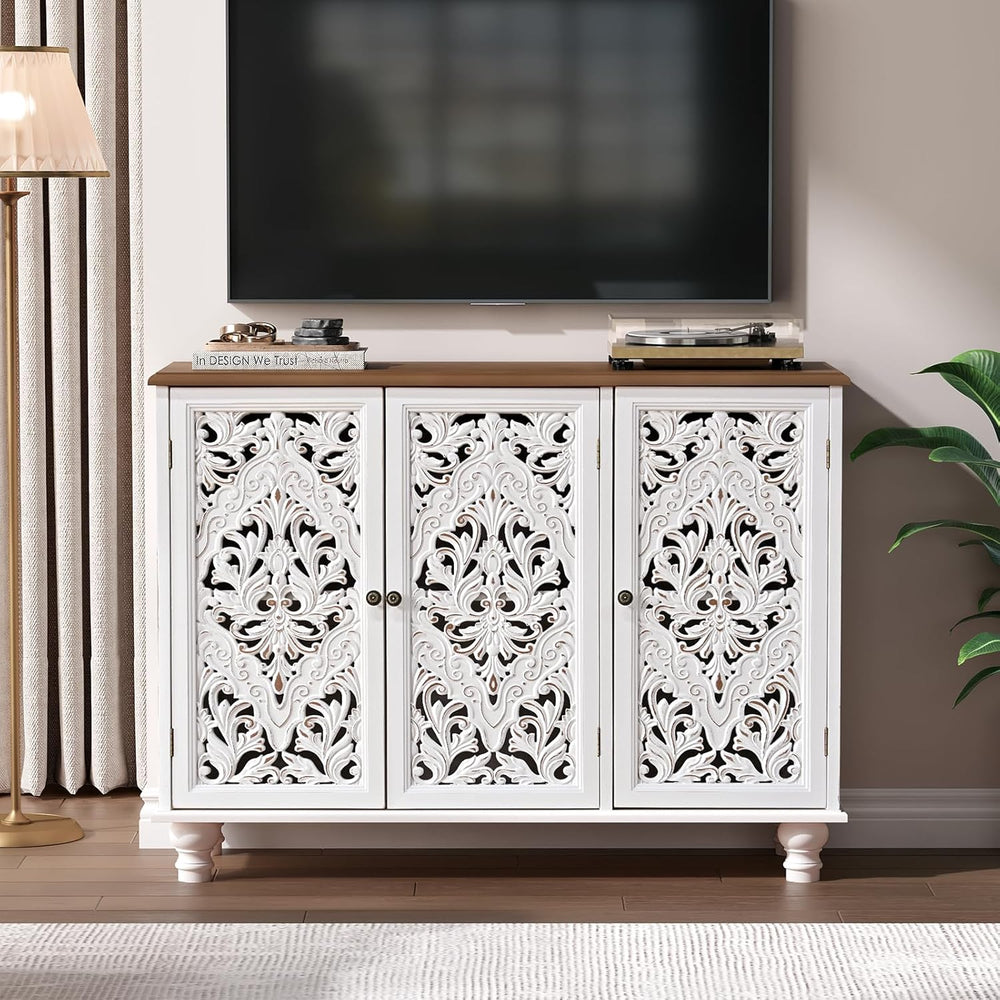 JOINICE Accent Cabinet with 3 Carved Doors,Farmhouse Buffet Cabinet with Stor...