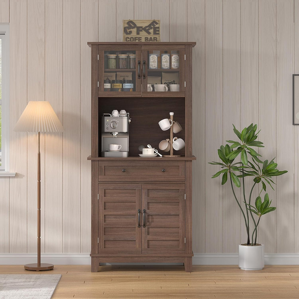 Garvee 72" Tall Kitchen Pantry Cabinet with Hutch and Microwave Stand | ...