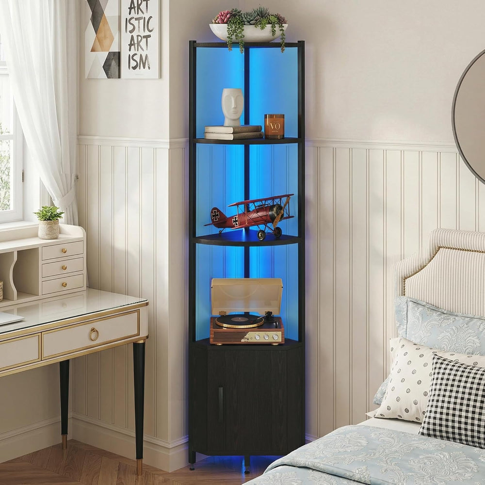 Corner Shelf with Storage, LED Lights 6-Tier Corner Bookshelf, 66'' O...