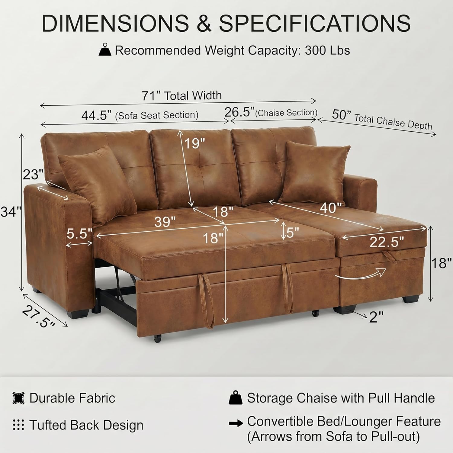 71" Brown Convertible Sofa Bed, L-Shaped Pull Out Couch with Storage Chaise | TYBOATLE, Sleeper Sofa Bed, Pull Out Couch Bed, Reversible Storage Chaise, Linen Fabric, Living Room, Apartment, Guest Room