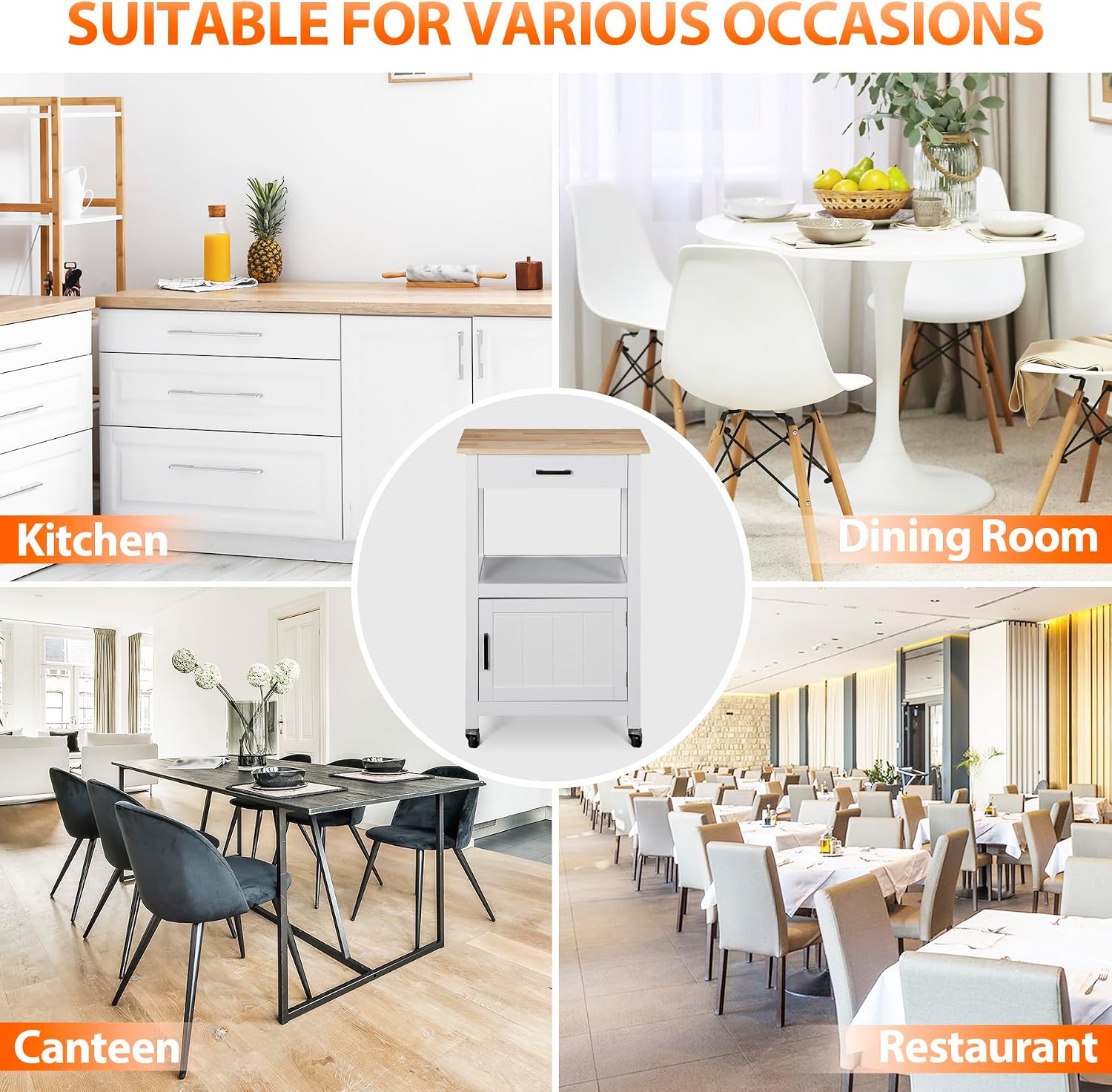ZENY Rolling Kitchen Island Cart with Storage Cabinet and Shelf, Kitchen Cart with Drawer on Wheels, Small Home Coffee Bar, Microwaves Stand with 3 Side Hooks for Dining Room, White