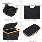 Slim Laundry Basket with Wheels,Narrow Hampers for Laundry,Freestanding Laundry Hamper with Lid&Bamboo Handles,Collapsible & Waterproof Tall Cloth Hamper for Dorm Family(60L Black)