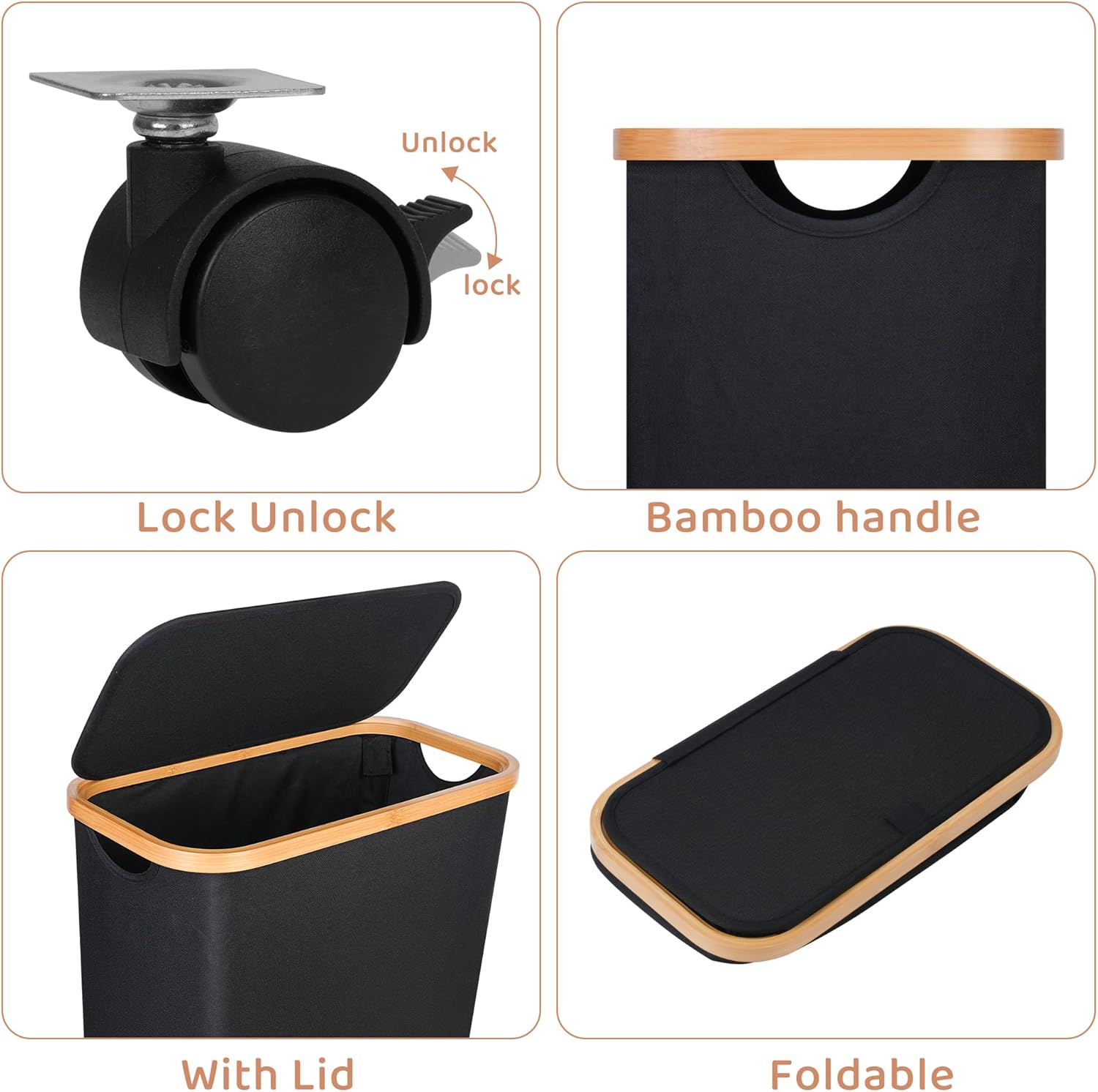 Slim Laundry Basket with Wheels,Narrow Hampers for Laundry,Freestanding Laundry Hamper with Lid&Bamboo Handles,Collapsible & Waterproof Tall Cloth Hamper for Dorm Family(60L Black)