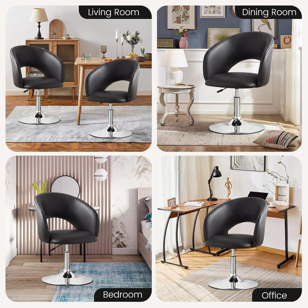 Furniliving Vanity Chair with Arm, PU Leather Chair for Vanity, Swivel Accent Chair, Adjustable Height Makeup Chair with Chrome Base, Living Room Chair for Bedroom, Makeup Room, Study Room, Black