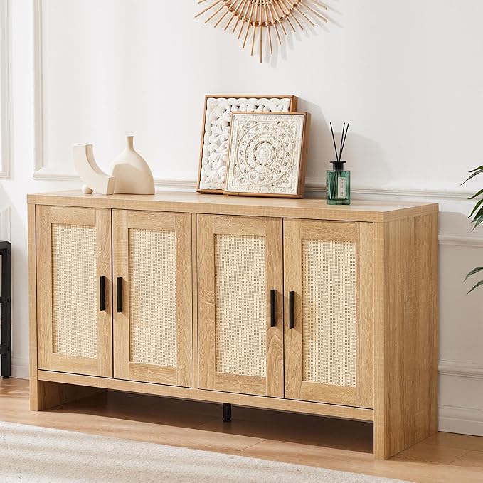 Rattan Buffet Cabinet with Storage, Sideboard Cabinet with Doors and Adjustab...