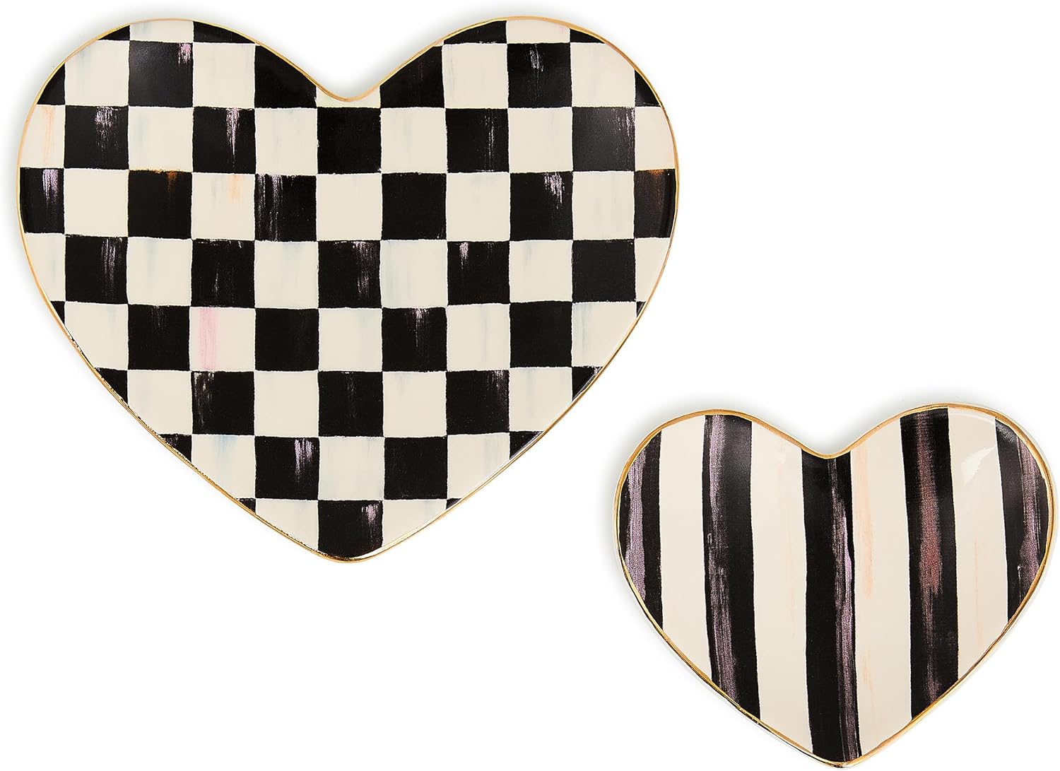 MACKENZIE-CHILDS Ceramic Trinket Dish Set, Courtly Heart | Handcrafted design, decorative bowls and jewelry holders, small (3.5" W x 4" L) and large (5.25" W x 6" L) sizes, set of 2