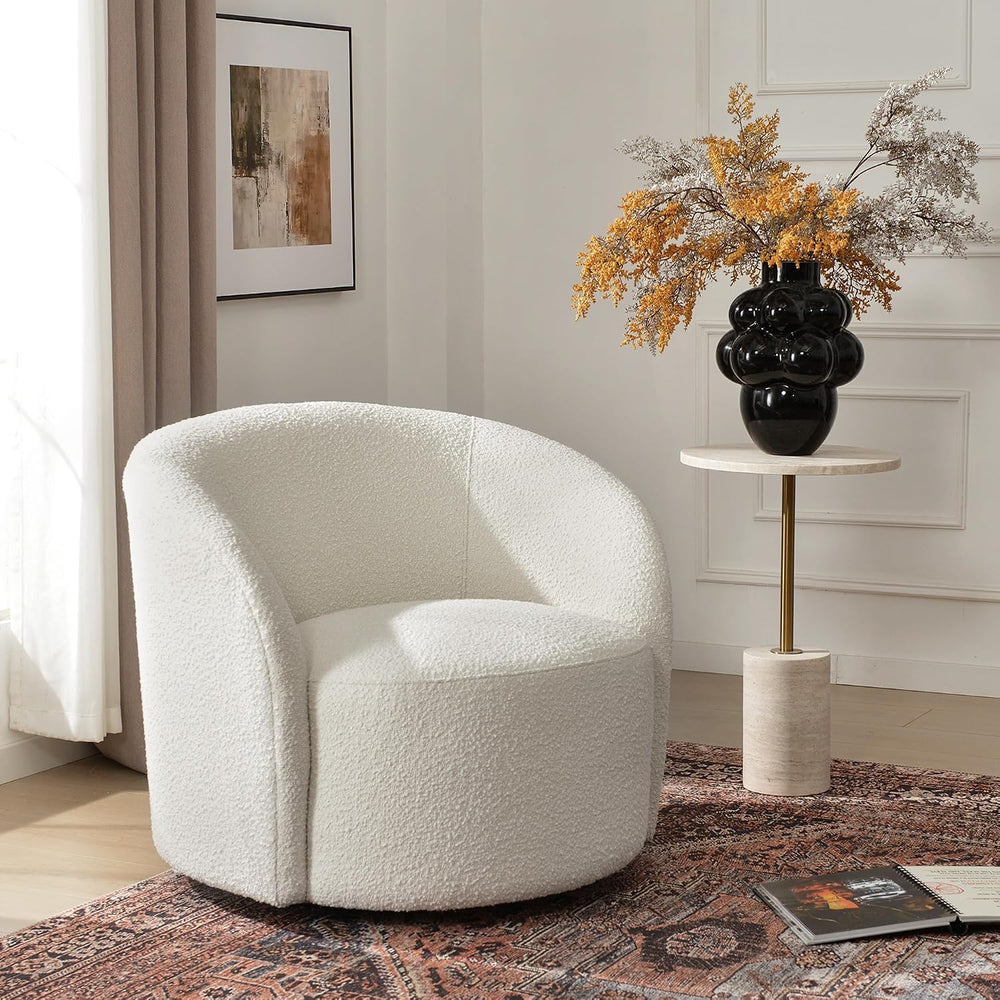 KINWELL 34" W Mid Century Modern Boucle Swivel Barrel Chair, Cream