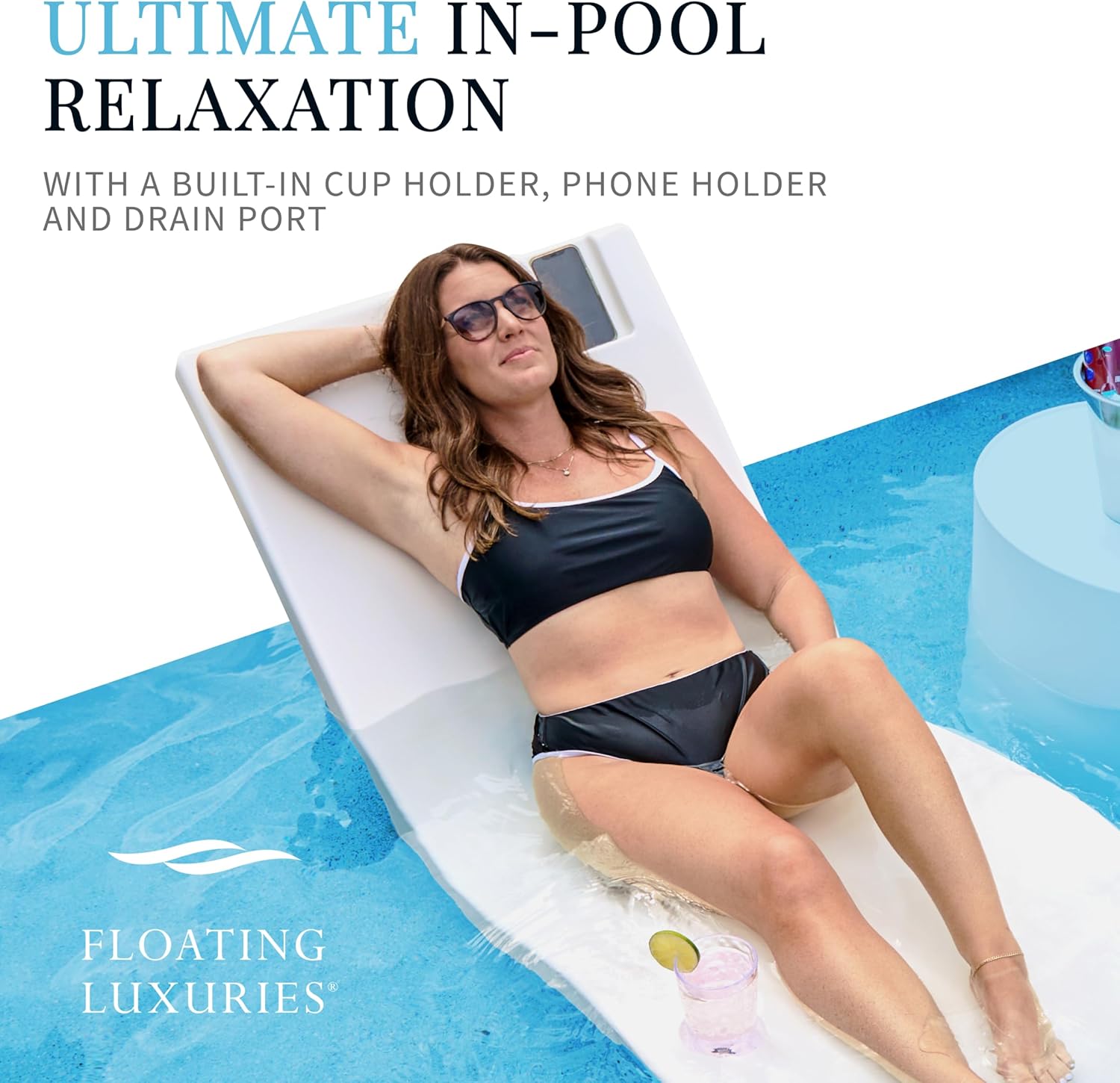Kai Shelf Pool Lounger, Arctic White, Single | For Tanning Shelves Up to 9 in Deep | Built-In Cup and Phone Holder | UV20+ Rated Material | Drain Port | 73.5 x 26.5 Inches