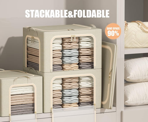 3 Openings Clothes Storage Bins with Metal Frame, Foldable Storage Bin for Clothes, Clothing Storage Bins with Lid, Linen Storage Box With Clear Window＆ Zippers＆ Durable Handles.(3 Pcs,Beige,40L)