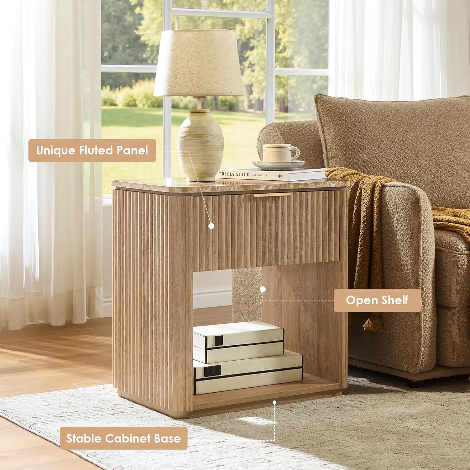 Fluted Nightstand Set of 2, Bedside Table with Faux Marble-Top, Engineered Wood Side Table with Drawer Open Shelf, Curved Corners, Modern Night Stand for Bedroom, Small Spaces, Natural Oak