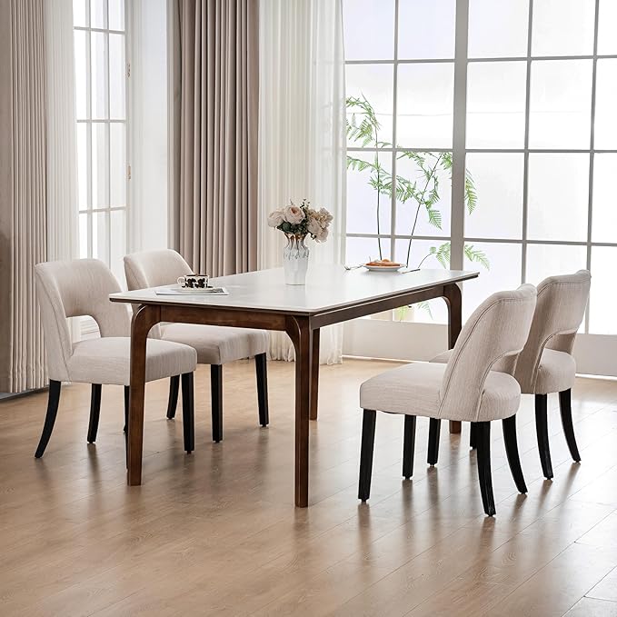 VKNOW Wooden Dining Chairs Set of 4, Modern Fabric Upholstered Dining Room Ch...