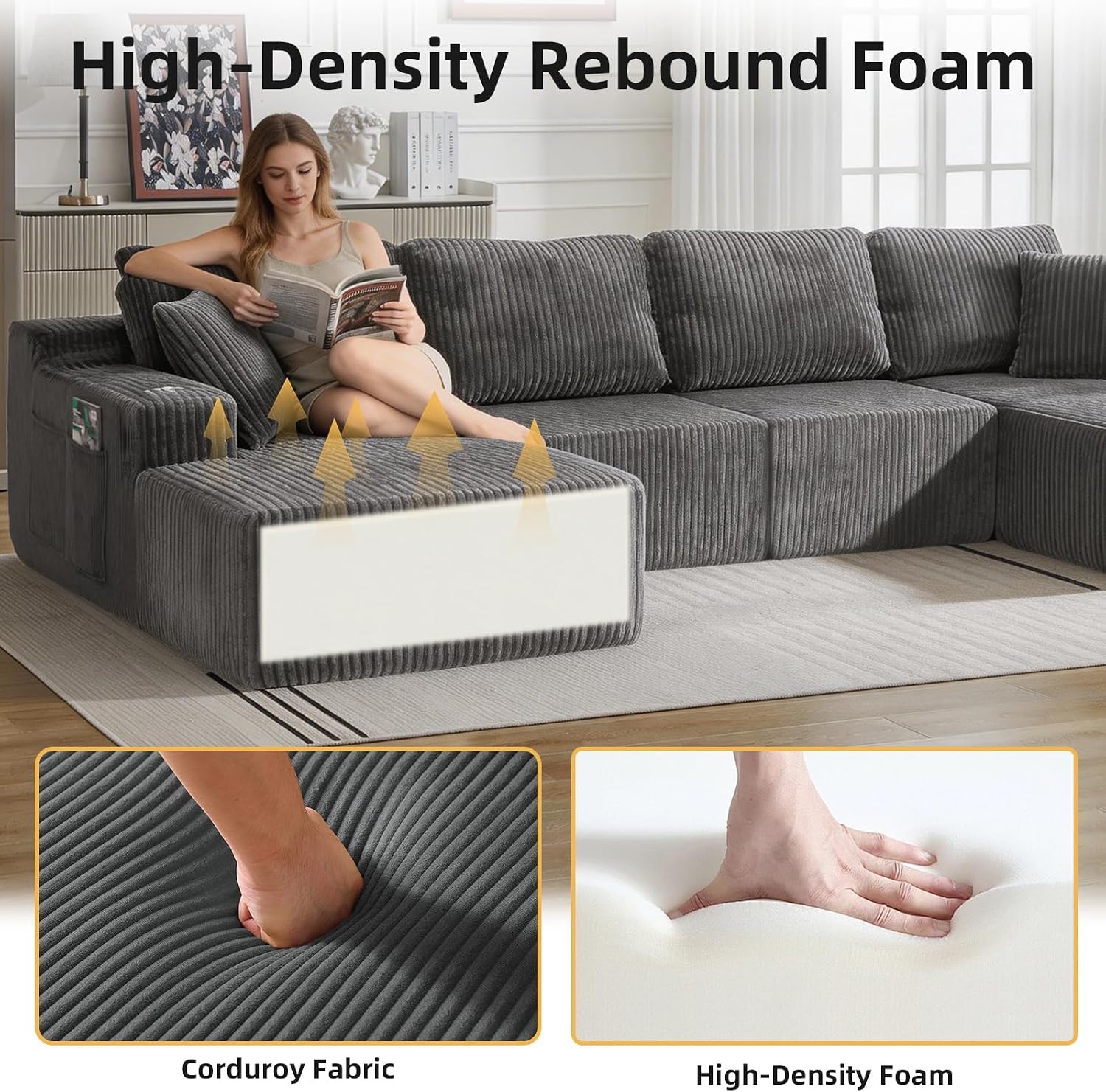 130" U-Shaped Modular Sectional Sofa with Chaise | Boneless Corduroy Flexible Module Seating for Living Room, Cloud Couch with Cup Holders and Side Pockets, No Assembly (Grey)