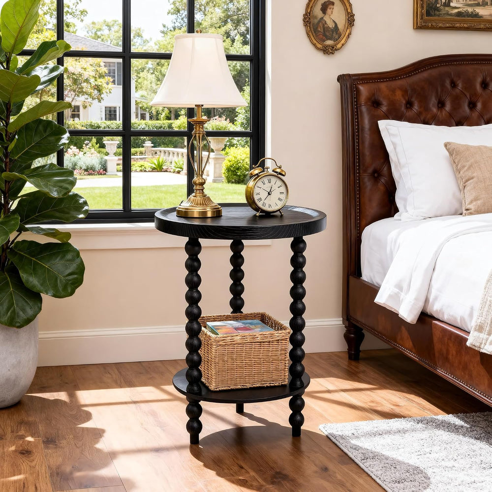 Round 2 Tier Side Table, End Table with Storage Shelf, Modern Nightstand Besi...