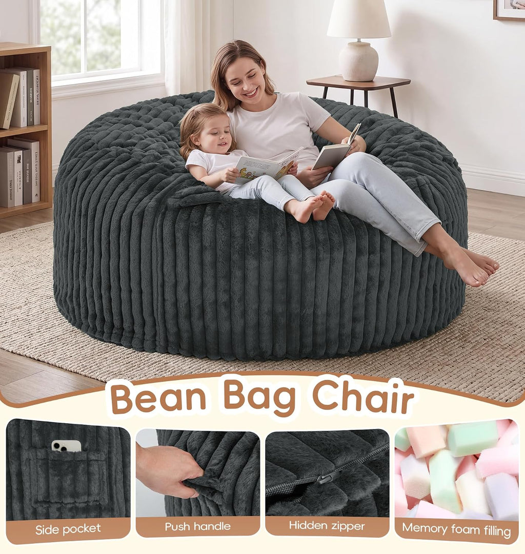 Bean Bag Chair Giant Beanbag with Filling Memory Foam Living Room Adult 5FT | Breathable Big Giant Oversized Beanbag Bed Washable Cover Green Grey White
