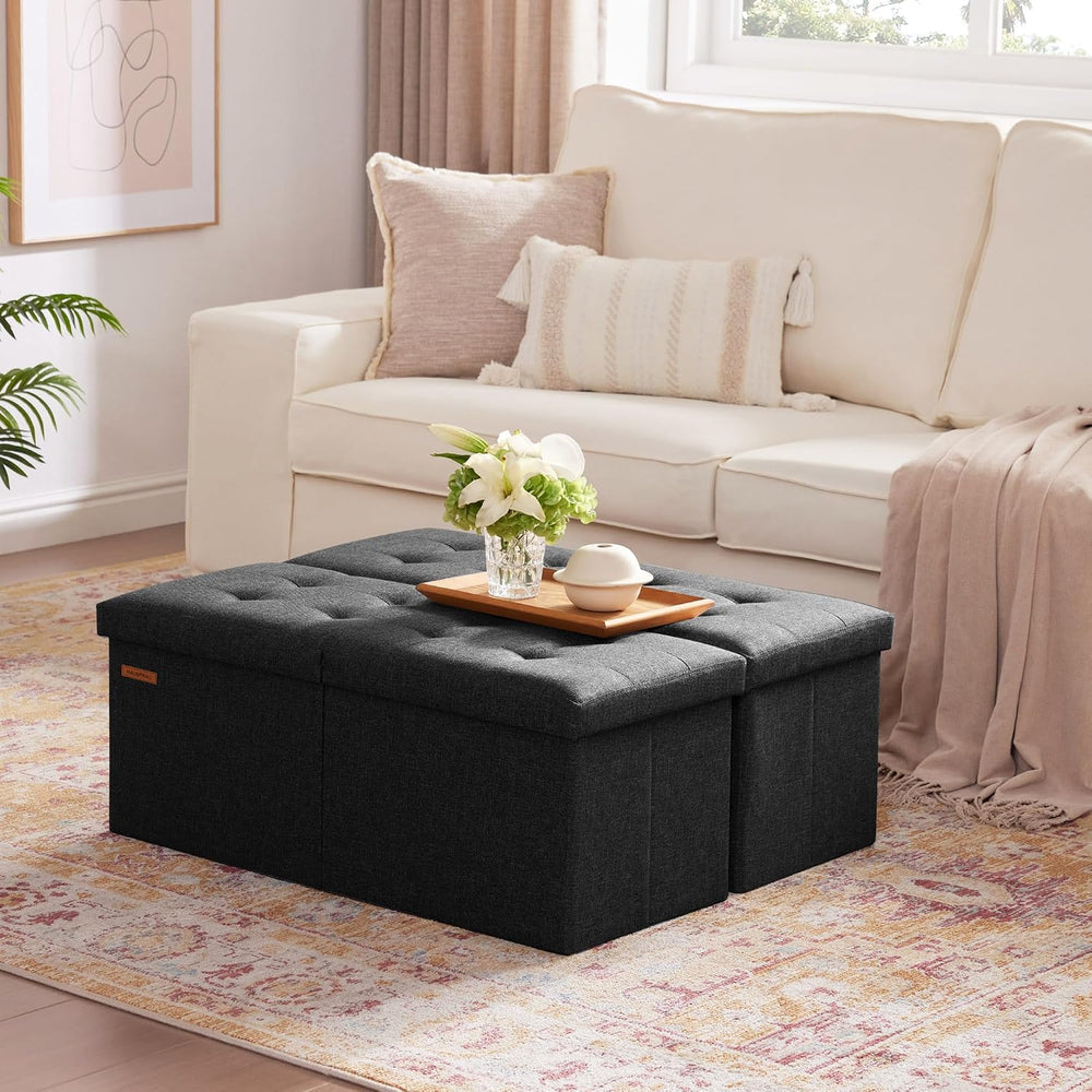HAUSFRAU Ottoman with Storage Bench Folding Foot Rest Stool Linen Black | 31....