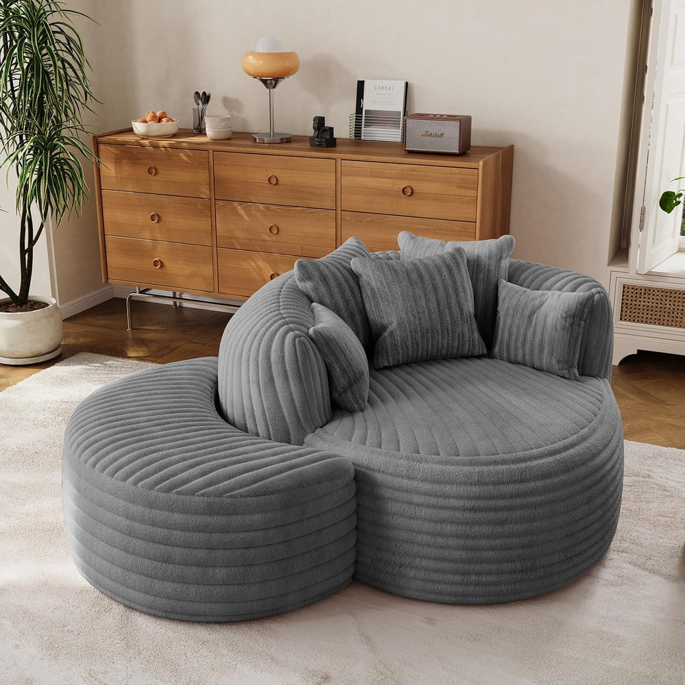 ONEMMLION 50" Oversized Round Chaise Lounge with Ottoman, Corduroy, Grey...