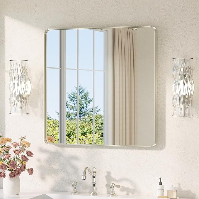 TETOTE Brushed Nickel Bathroom Mirror 30 x 30 Brushed Nickel Metal Framed Bat...