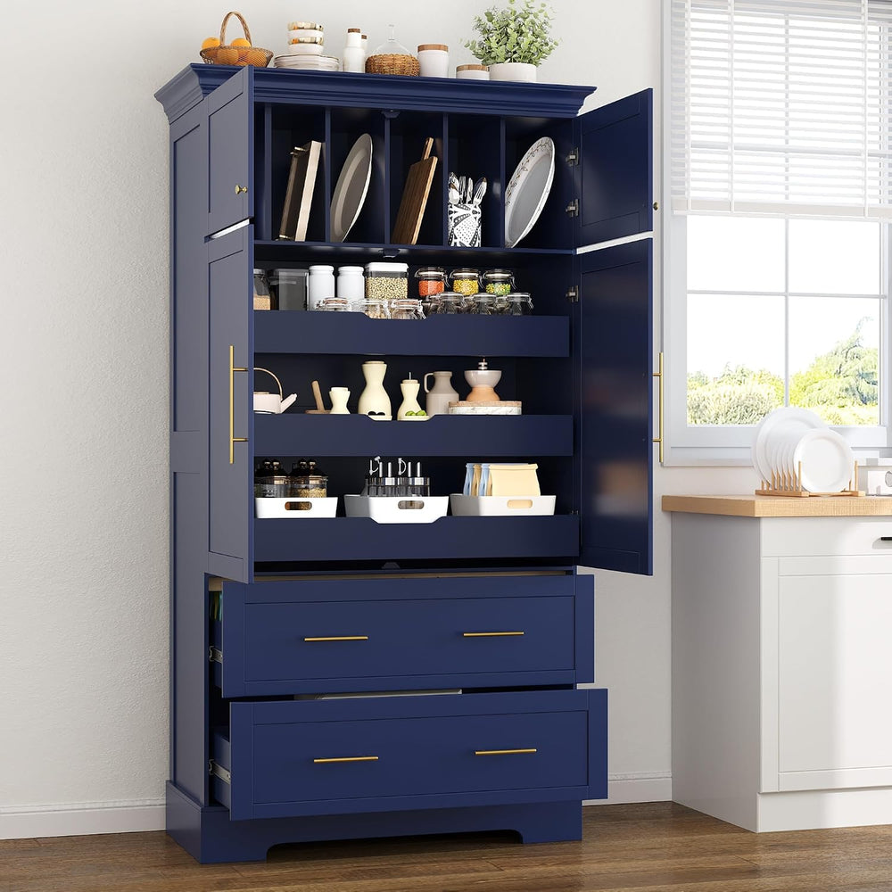 roomfitters 73 Inch Large Kitchen Pantry with 4 Doors, Pull-Out Trays and Cak...
