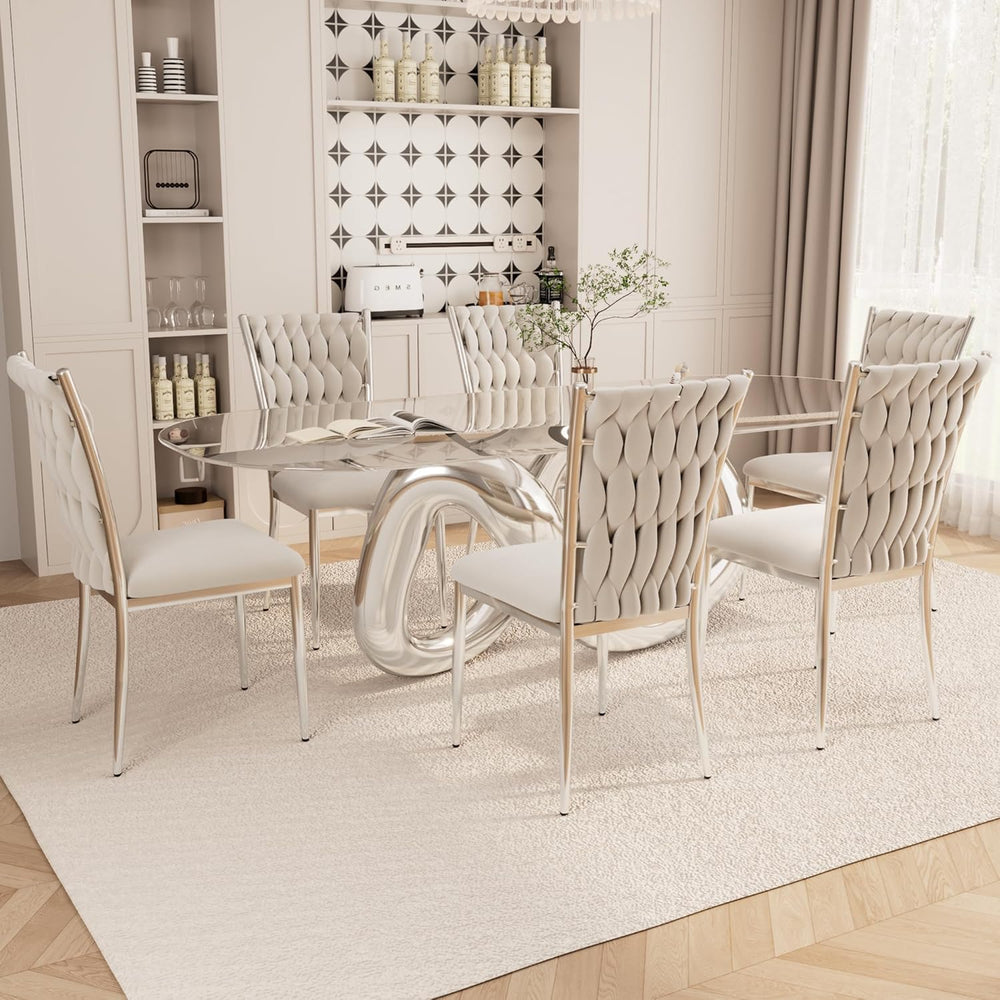 Velvet Dining Chairs Set of 6, Modern Woven Kitchen Chairs with Silver Metal ...
