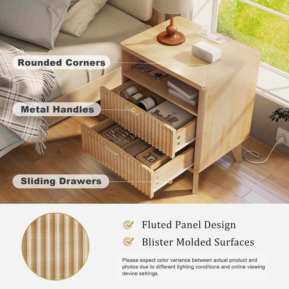 LYNCOHOME Fluted Nightstand with Charging Station, 19.7 inch Wide End Table w...