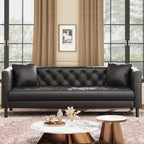 GarveeHome 81 in Leather Couch for Living Room, Modern Leather Sofa with Deep Seat, Handmade Button Tufted 3 Seater Sofa, Chesterfield Couch for Apartment, Office, Black