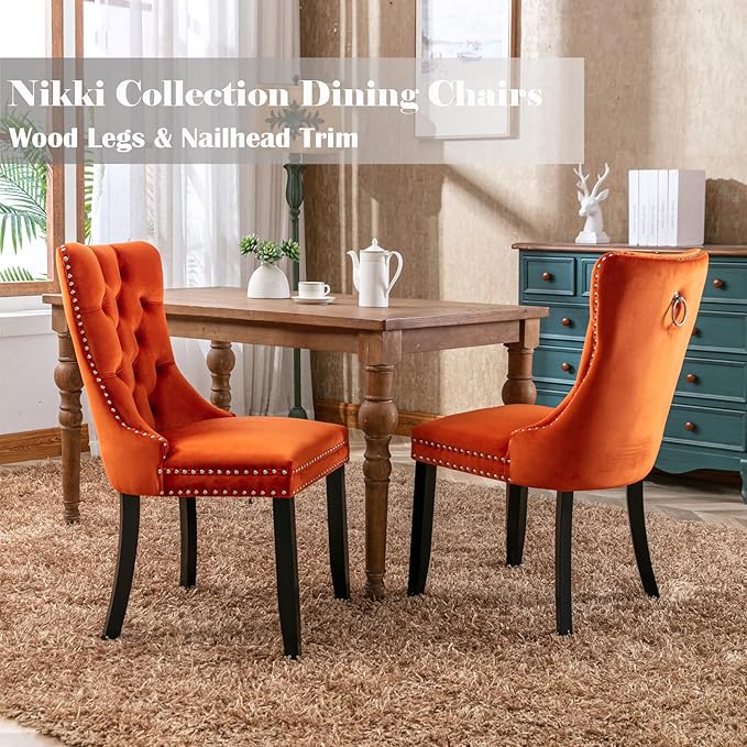 Velvet Dining Chairs Set of 2, Upholstered Dining Room Chairs with Back Ring Pull Trim and Solid Wood Legs,Tufted Wingback Kitchen Chair Perfect for Dining Room,Living Room,Kitchen(Orange)
