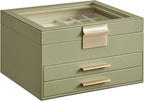 SONGMICS Jewelry Box Organizer with Glass Lid, 3-Layer Jewelry Storage, with 2 Drawers, Modern Style, Christmas Gift, 8 x 9.1 x 5.3 Inches, Avocado Green and Gold Color UJBC239C02