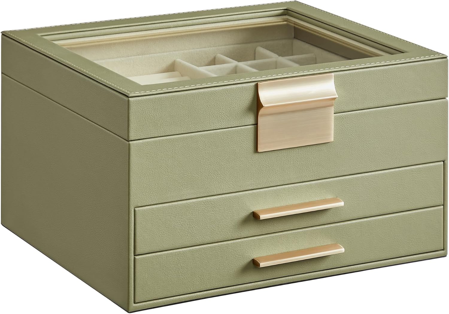 SONGMICS Jewelry Box Organizer with Glass Lid, 3-Layer Jewelry Storage, with 2 Drawers, Modern Style, Christmas Gift, 8 x 9.1 x 5.3 Inches, Avocado Green and Gold Color UJBC239C02