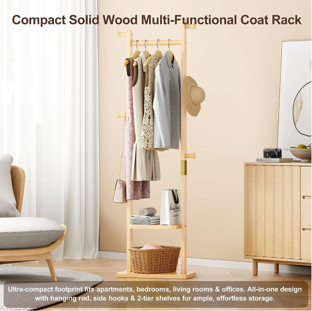 Solid Wood Coat Rack Freestanding, Clothing Rack with 5 Hooks & Bottom Sh...