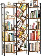 Triple 5 Tier Bookshelf, Large Bookcase Industrial Bookshelf with 19 Open Display Shelf, Wooden Wide Tall Tree Bookshelf for Living Room Home Office, Rustic Brown