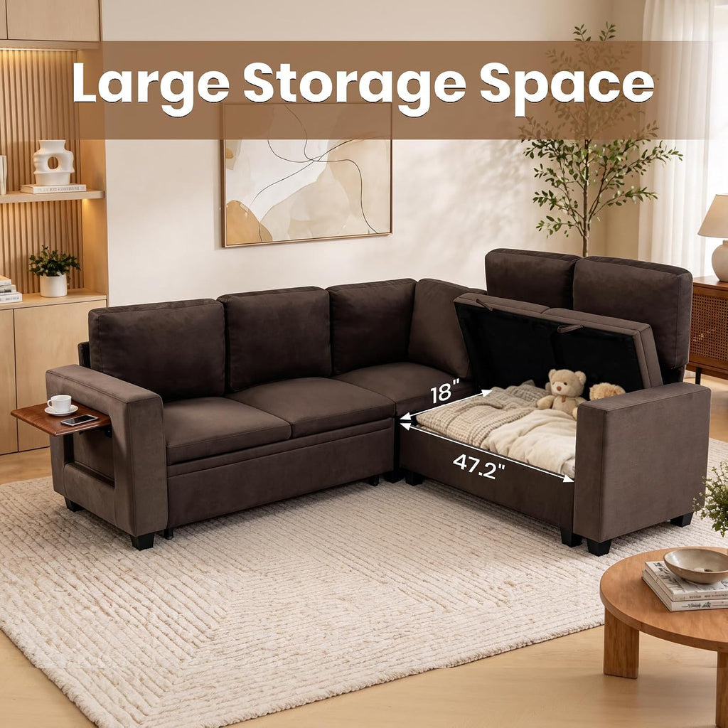 81" Modular Sectional Sleeper Sofa with Pull Out Bed, L Shaped Couch with Storage Chaise & Side Table, Waterproof Pet-Friendly Cat Paw Velvet for Living Room, Tool-Free Assembly(5 Seat Brown)