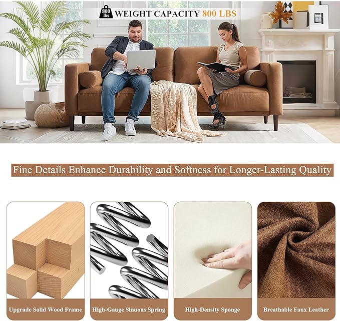 HIFIT 79" Sofa Couches for Living Room Mid-Century Modern Decor Faux Leather Couch with Deep Seat&Cloud Cushions&2 Pillow, 3 Seater Home Sofa Living Room Brown Loveseat for Office, Bedroom, Apartment