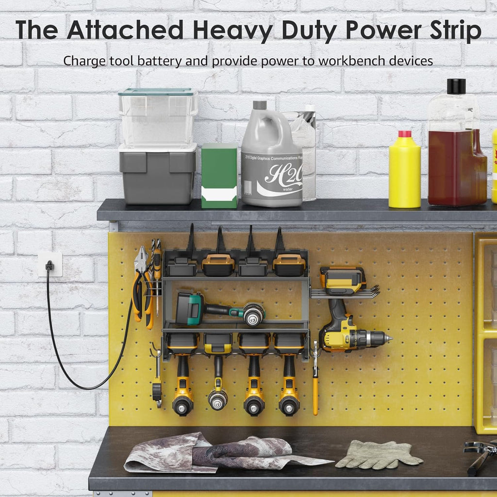 CCCEI Modular Power Tool Organizer Wall Mount Charging Station, Grey 6 Drills Holder with 8 Plug Power Strip 10FT, Garage Drill Battery Heavy Duty Metal Shelf, Utility Rack with Hooks, Side Storage.