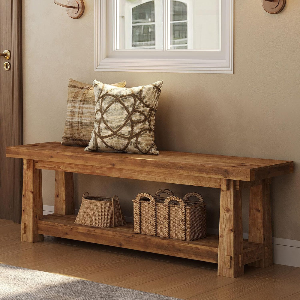 55" Solid Wood Entryway Bench with Shoe Storage, Rustic Wood Grain Shoe ...