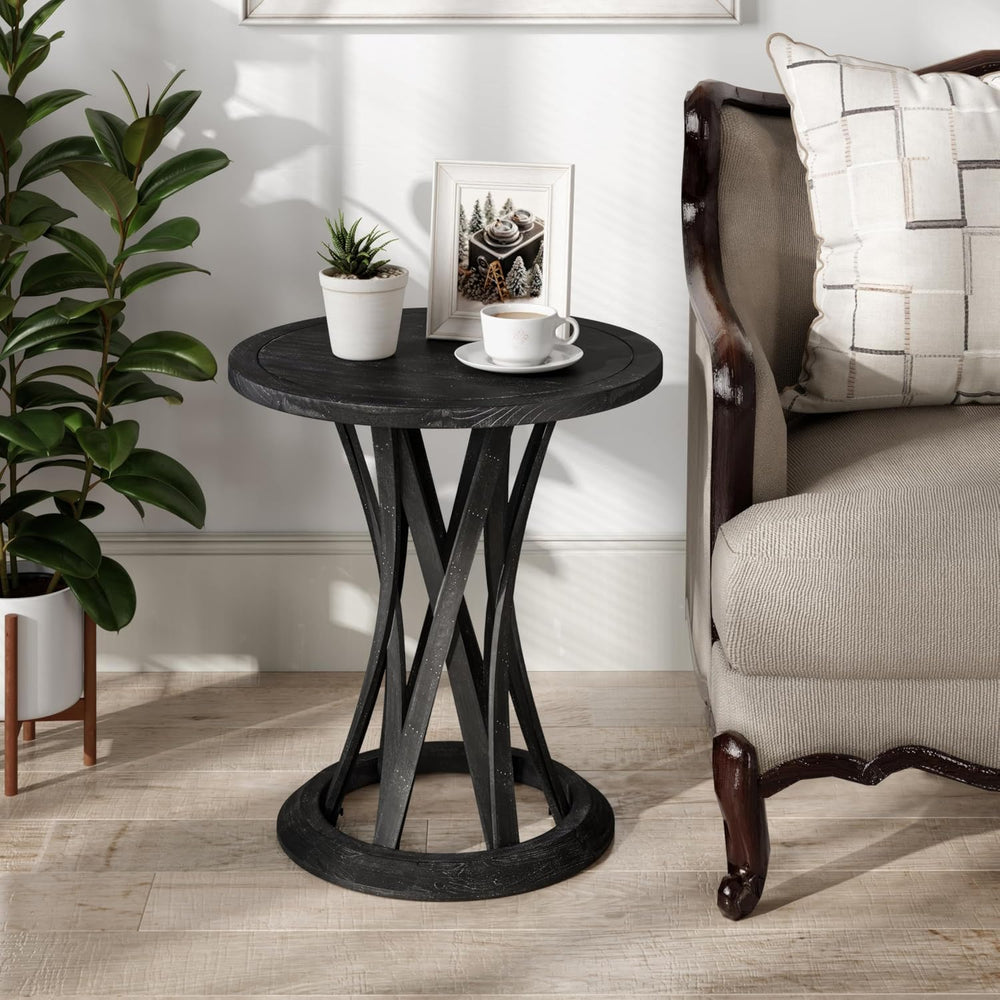 COZAYH Round Farmhouse End Table with Crisscross Pedestal Base, Distressed Fi...