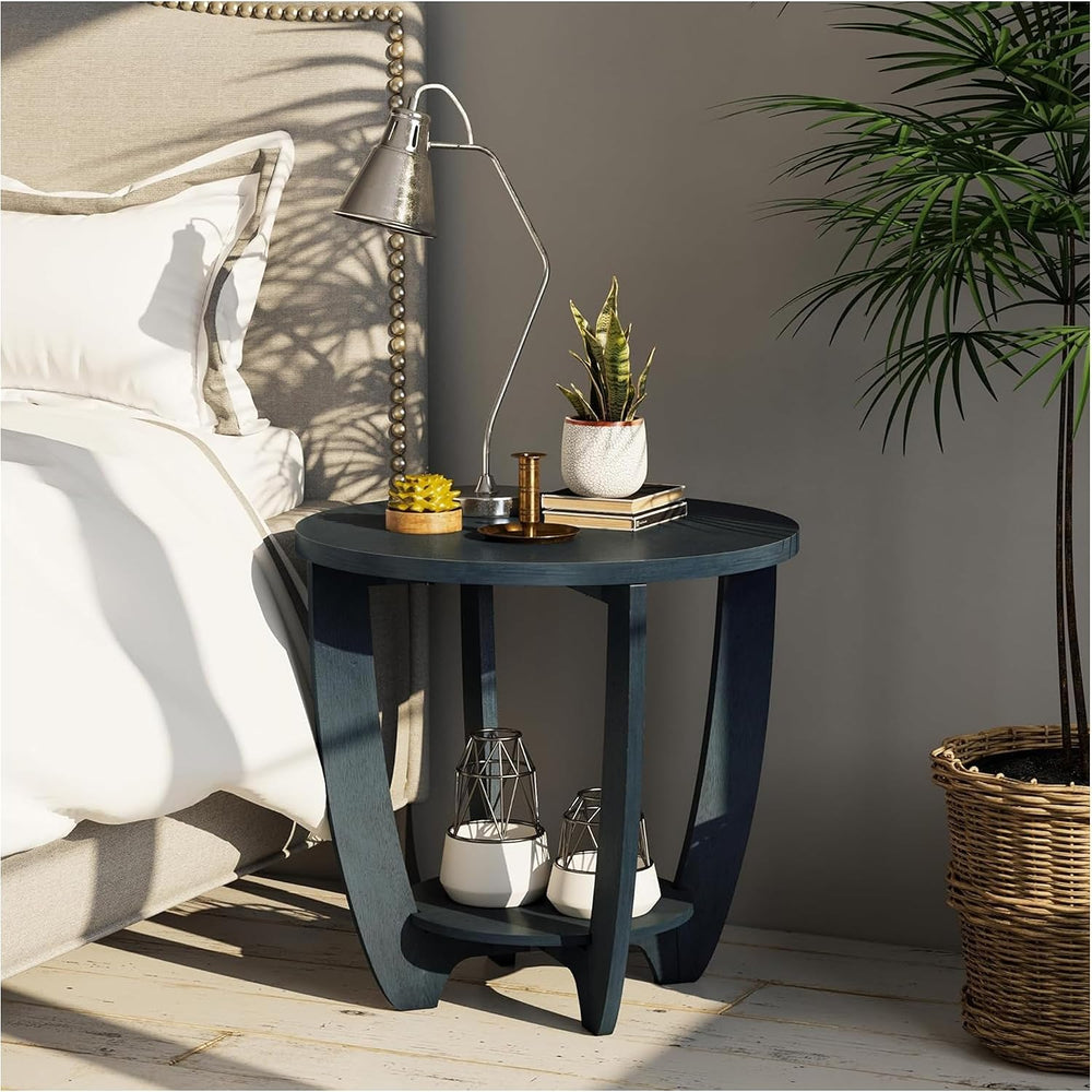 COZAYH End Table - Rustic Farmhouse Round Accent - Storage Shelf Blue