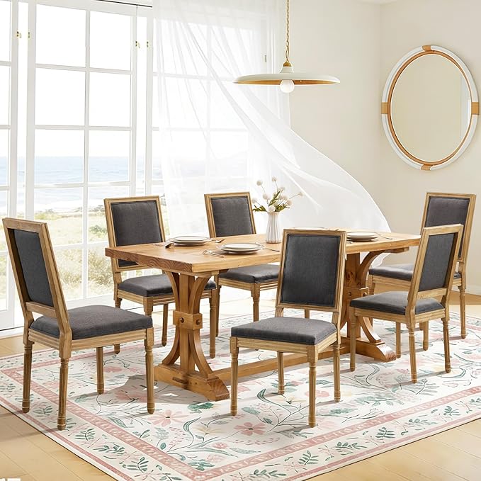 Upholstered Back Dining Chairs Set of 6, French Country Padded Kitchen Chairs, Rustic Solid Wood Farmhouse Chairs for Dining Room & Breakfast Nook, Dark Gray