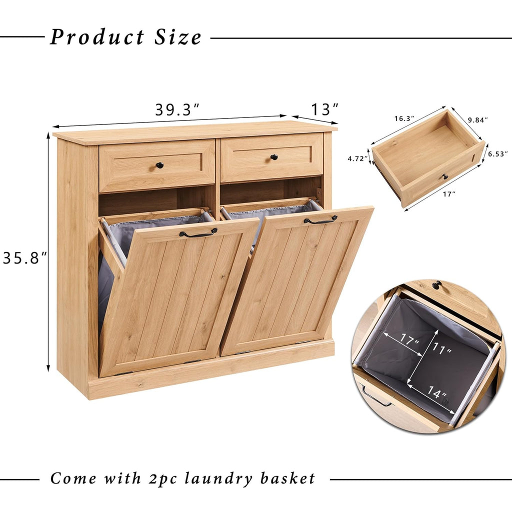 Double Tilt Out Trash Cabinet, 20 Gallon Farmhouse Laundry Hamper Cabinet with 2 Drawers, Hidden Wooden Trash Can Cabinets with Storage Basket for Kitchen, Living Room (Natural)